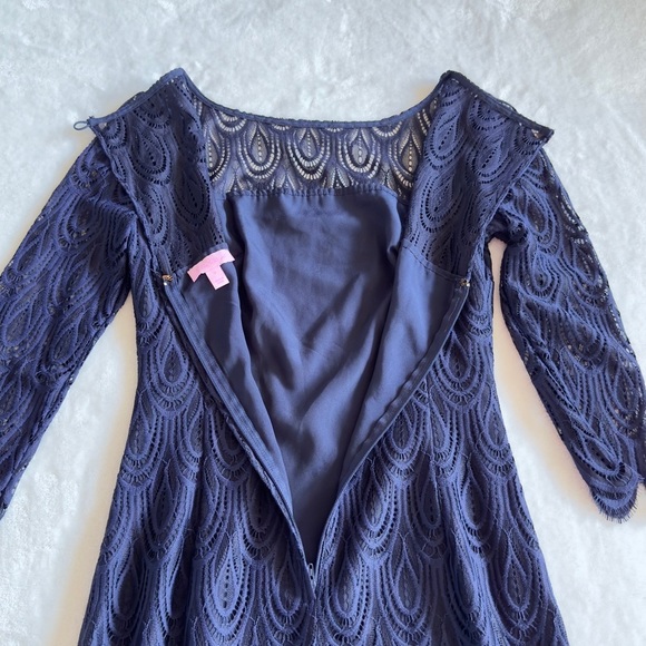 Lilly Pulitzer Hera Lace Dress True Navy Two Tone Feather Lace Size 0 - Picture 8 of 16